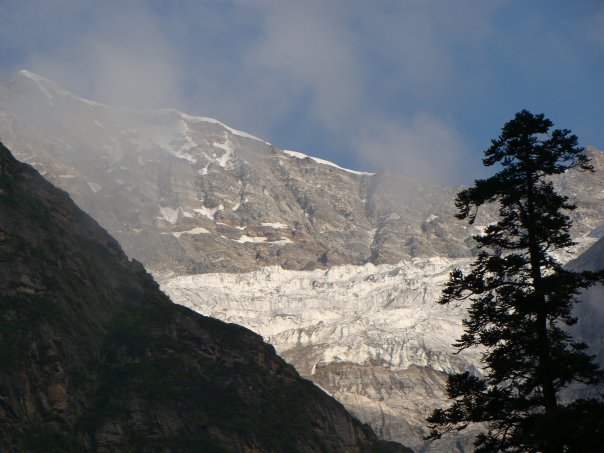 A view of snow-capped glaciers from the valley.